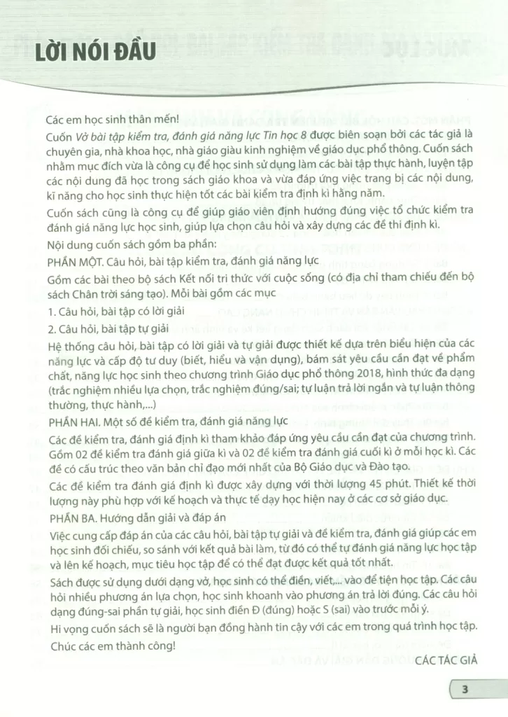 VỞ BÀI TẬP KIỂM TRA, ĐÁNH GIÁ NĂNG LỰC TIN HỌC LỚP 8 (Sử dụng cho SGK Kết nối tri thức, Chân trời sáng tạo)
